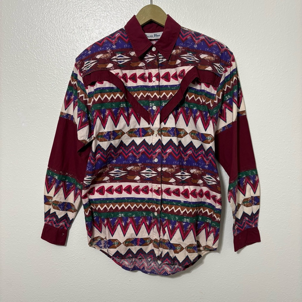 Vintage Peco’s Blue Size Small Mens Burgundy Southwestern Aztec Print Shirt